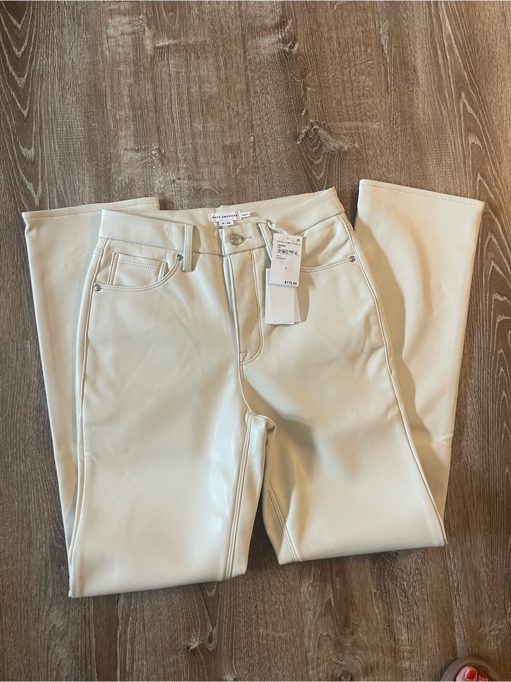 Good American Cream Faux Leather Straight-Leg Jeans